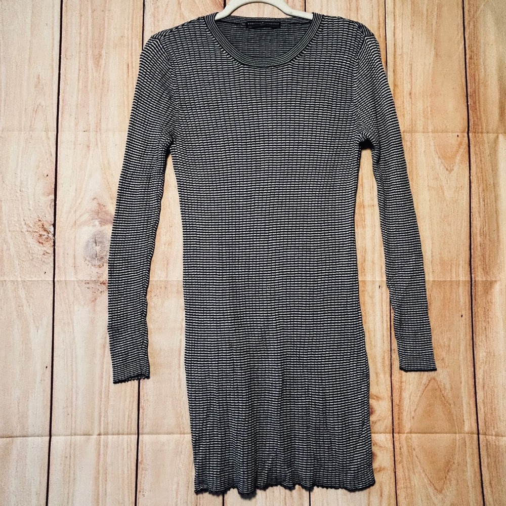 Peruvian Connection Knit Dress Womens L Black White Striped Long Sleeve Chic